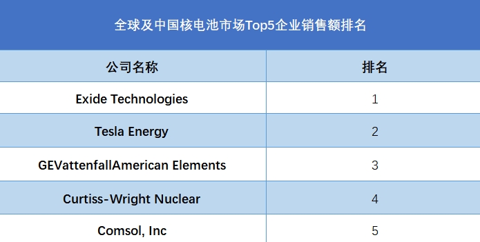 全球及中國(guó)核電池市場(chǎng)Top5企業(yè)營(yíng)收排名