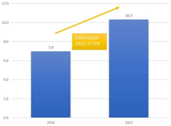 柬埔寨香水和化妝品免稅零售市場的市場規模和CGAR（2016-2022）