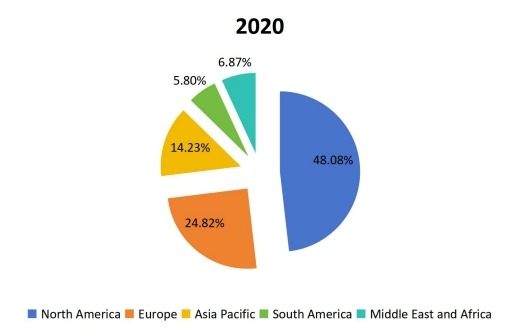 2020年按地區劃分的全球合成數據軟件銷售收入市場份額