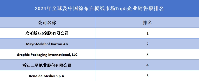 2024年全球及中國(guó)涂布白板紙市場(chǎng)Top5企業(yè)銷售額排名