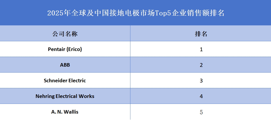 2025年全球及中國接地電極市場Top5企業銷售額排名